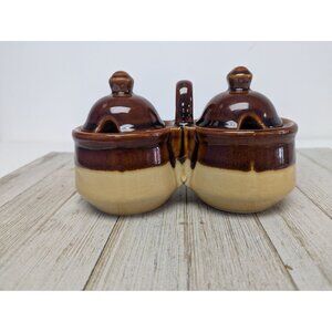 Vintage Brown Glazed Stoneware Double Condiment Sauce Pot With Lids Taiwan
